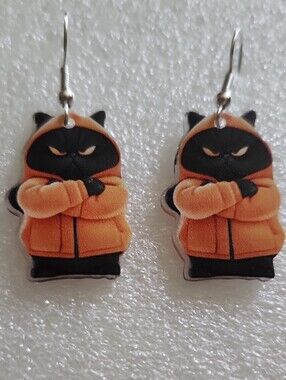 Hand Crafted Black Cat Earrings with Orange Hoodie